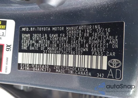 2017 Toyota Corolla L from USA, damaged, VIN 2T1BURHE7HC786107